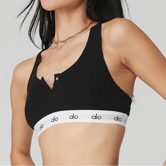 Alo Yoga Icon Ribbed Henley Bra Black Size Extra Small - Picture 3 of 8